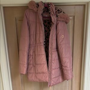 Girls Pink Puffer Jacket with Faux Fur Hood